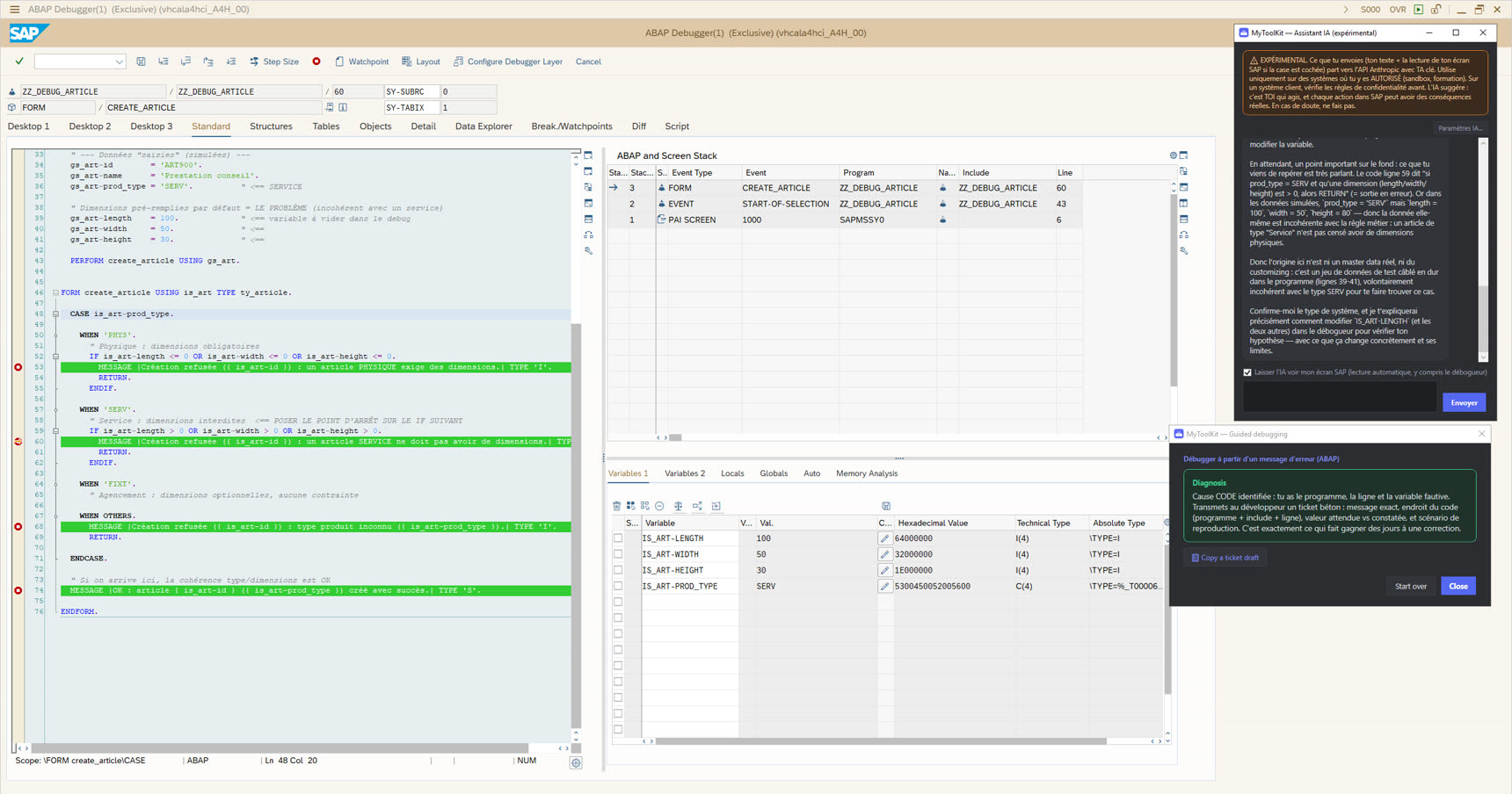 Capture réelle : le débogueur ABAP arrêté sur une instruction MESSAGE, les variables affichées, le guide de debug en conclusion, et l'assistant IA qui explique la règle métier violée à partir du code et des valeurs lues à l'écran