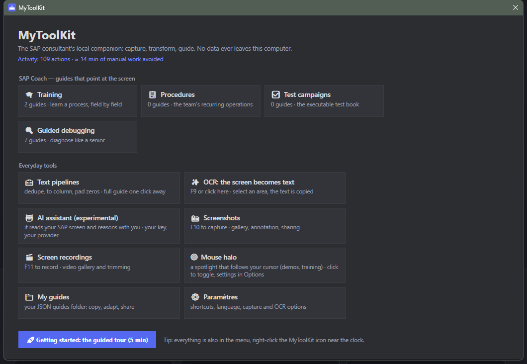 The MyToolKit control center: the SAP Coach's 4 uses, clipboard recipes, OCR, AI assistant, screenshots, recordings, mouse halo and settings, with today's activity